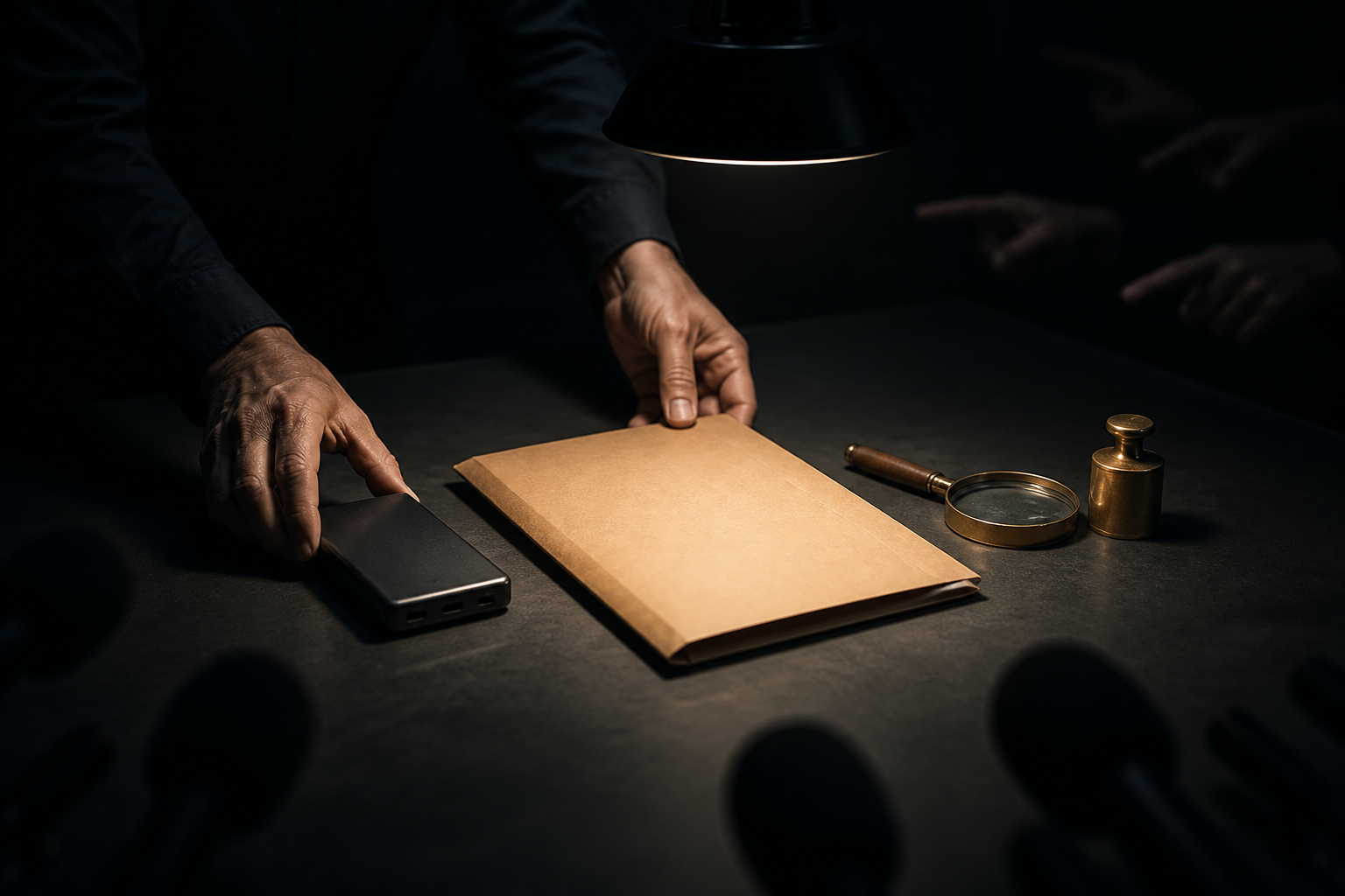 Hands examine a sealed folder and evidence objects under a bright light while blurred pointing hands and microphones remain in shadow.