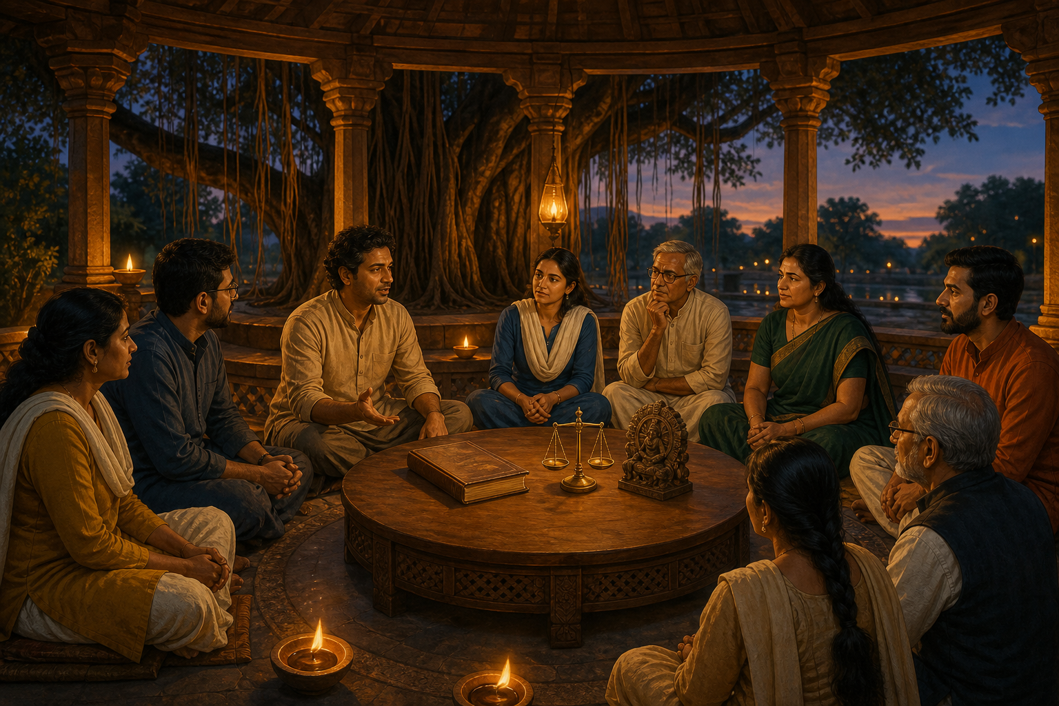 A diverse group of adults holds a calm discussion around a table with a closed manuscript, a historical artifact, and a small balance scale beneath a banyan tree.