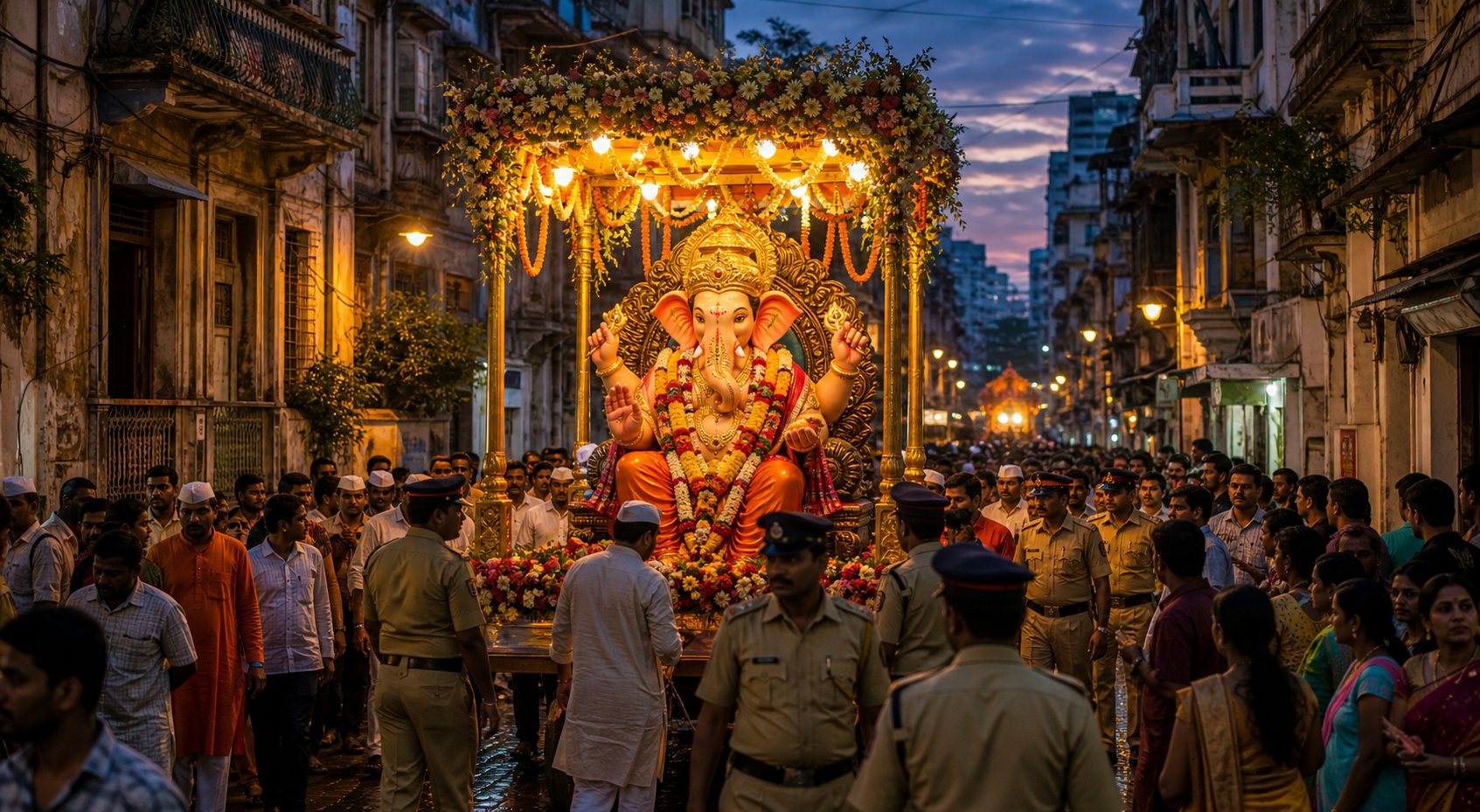 A Ganesh festival procession moves through a narrow Mumbai street at dusk while police officers maintain a perimeter around the decorated murthi.