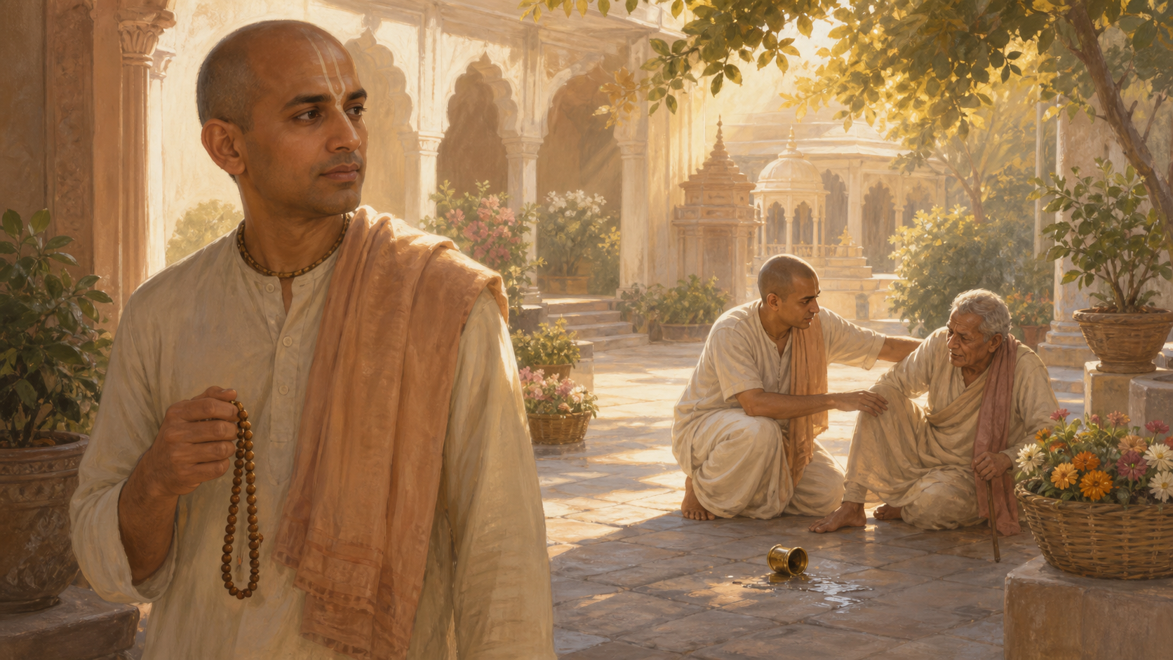 A thoughtful devotee watches another devotee clean up a spilled cup while helping an elderly person in a sunlit temple courtyard.