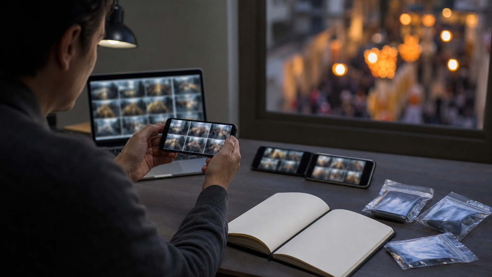An investigator reviews indistinct smartphone video frames and secured evidence at a desk while a festival street is blurred in the background.