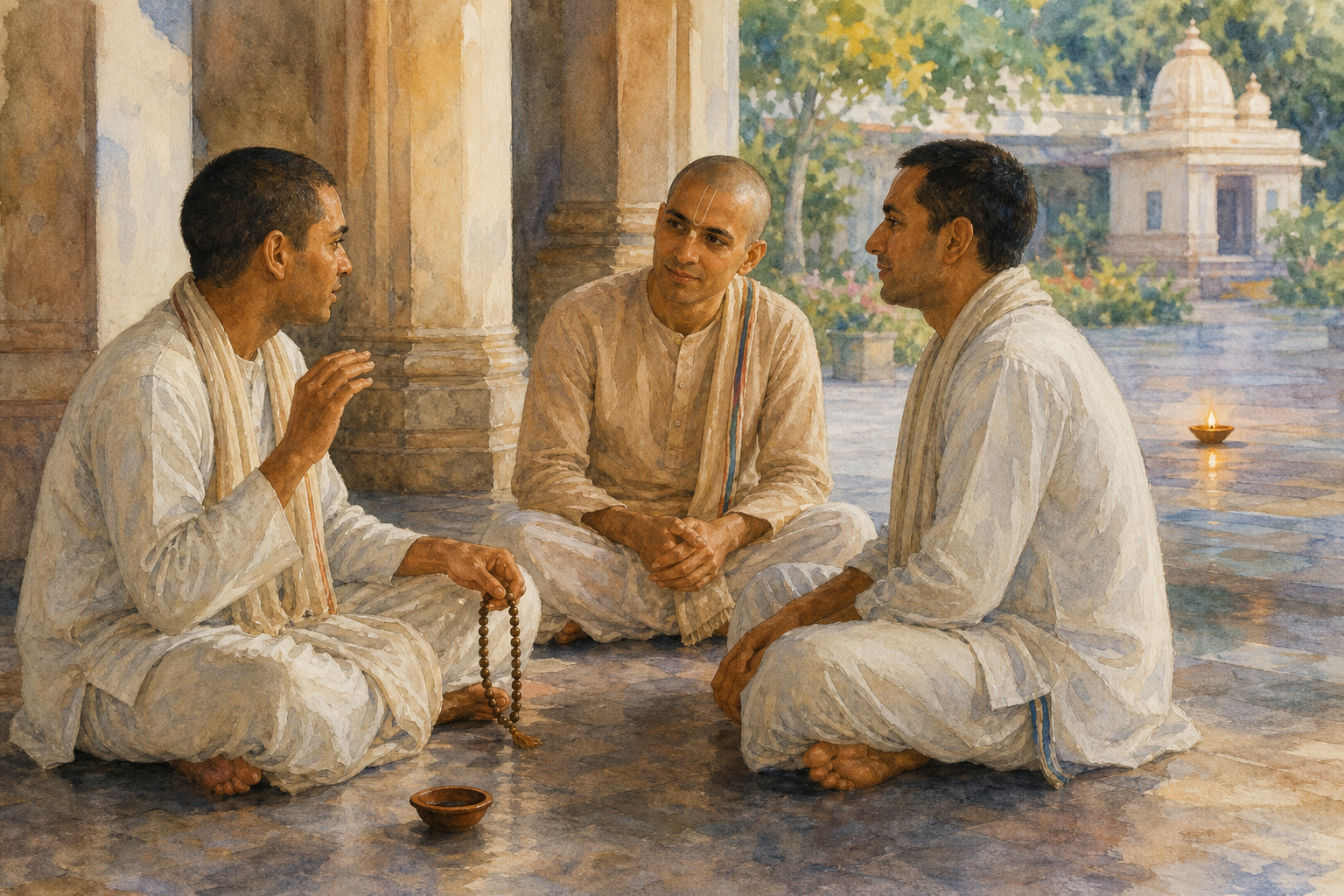 Three devotees sit together on a veranda while one pauses during conversation with a hand resting on prayer beads.