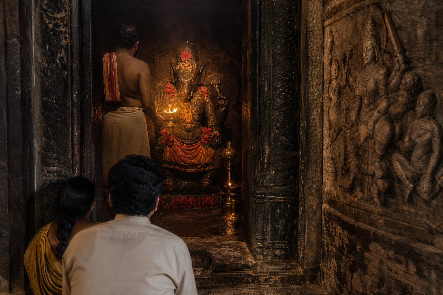 A boar-faced stone goddess image receives lamplight and flower offerings inside a small temple sanctum as visitors wait at the doorway.