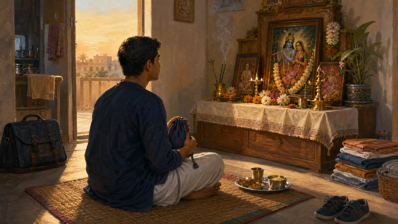 A practitioner chants with prayer beads at dawn before a flower-decorated Radha-Krishna altar in a home where work and family items are also visible.