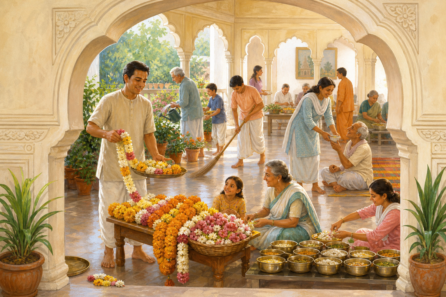 A devotee helps another person in a seva hall surrounded by prepared garlands and meal bowls, with one garland lying crooked on a tray.