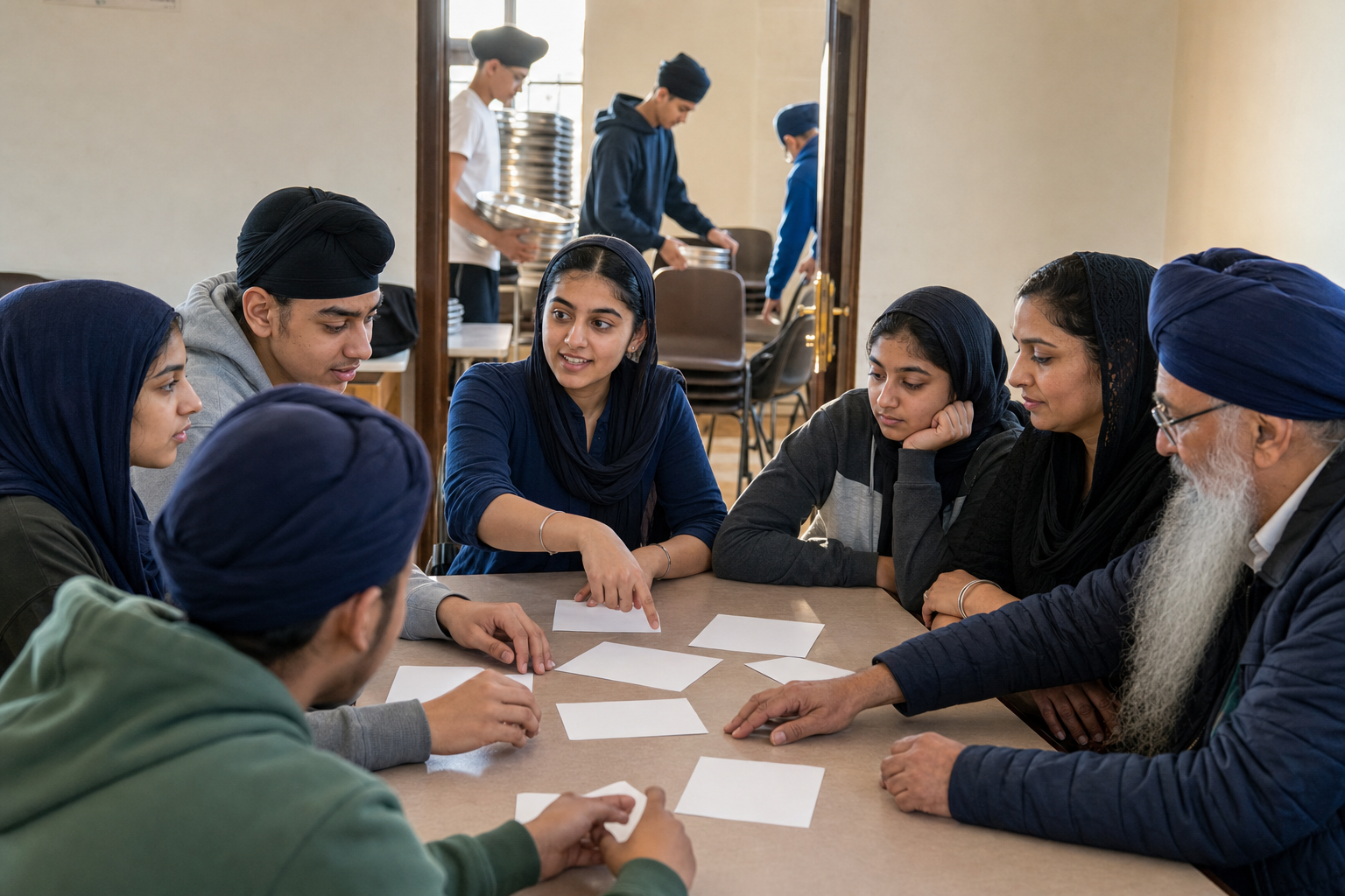 A young Sikh woman facilitates an intergenerational planning circle while other youth organize serving trays and chairs nearby.