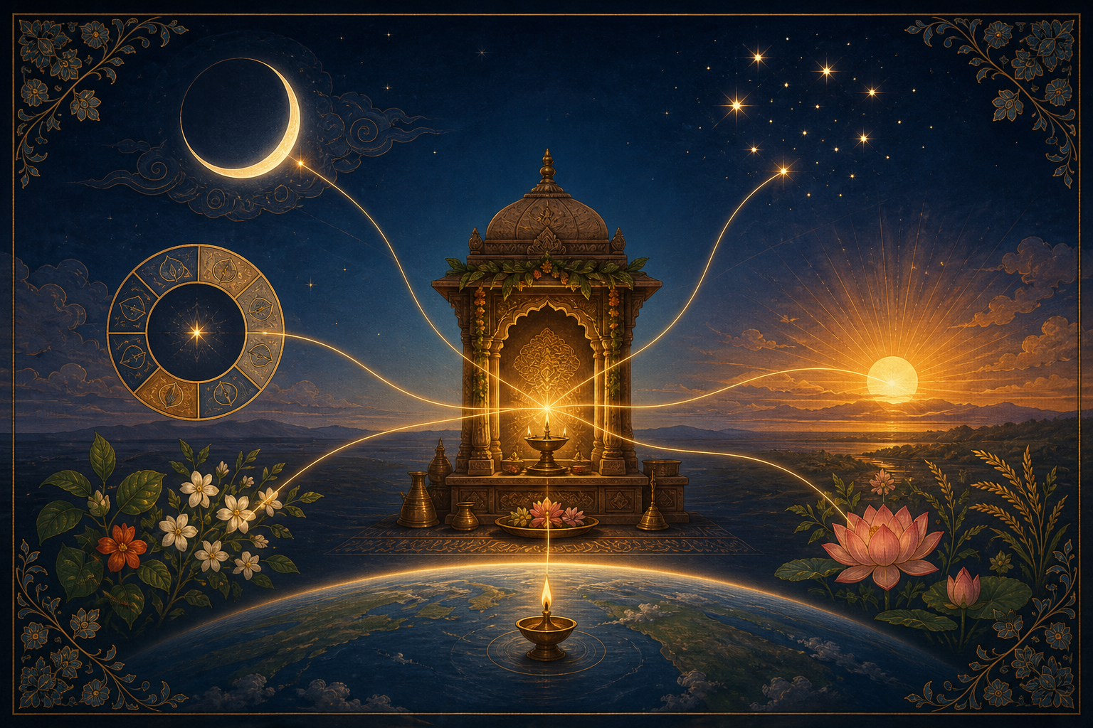 The sun, crescent moon, stars, seasonal foliage, and a lamp marking a location converge around a home shrine at sunrise.