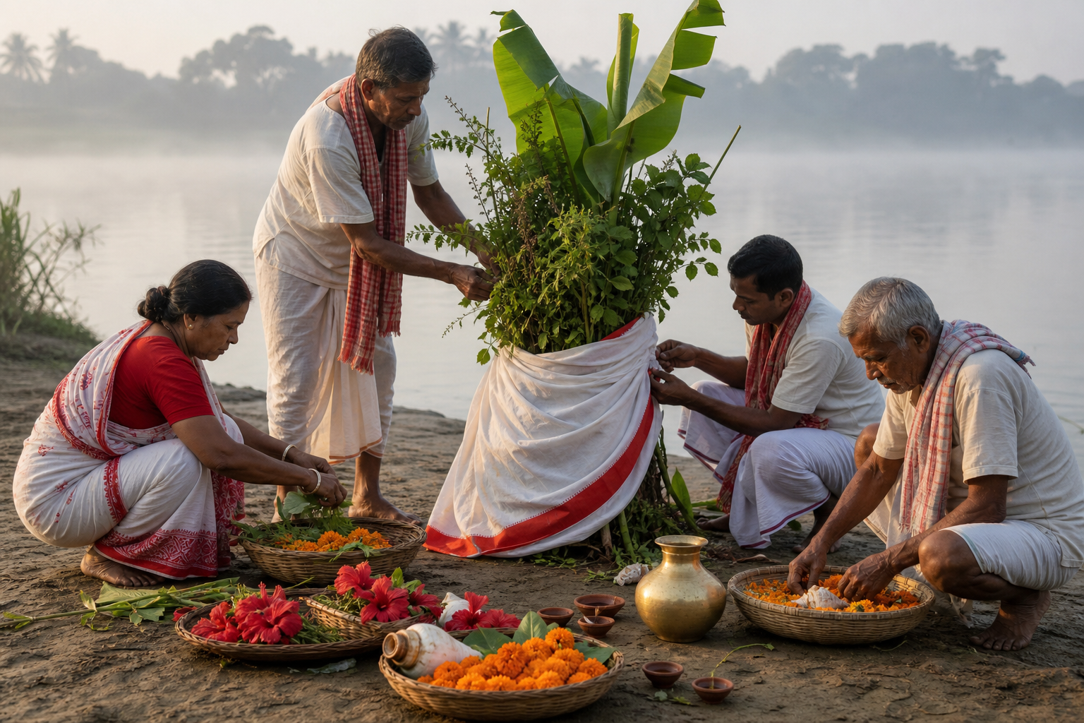 Community members bind leafy plants around a banana plant and drape the bundle in a red-bordered white sari beside a misty river.