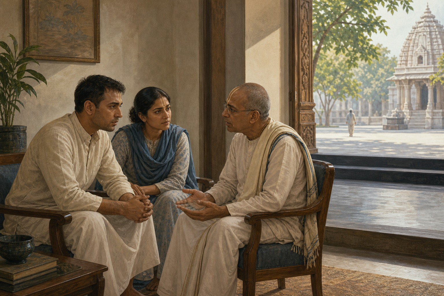 A concerned devotee speaks with a senior community member and a supportive companion in a private room separated from a distant figure by a wide doorway.