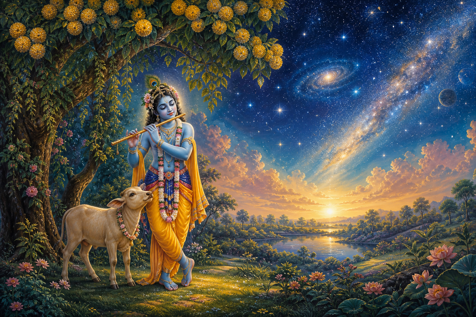Krishna stands with a flute and a calf beneath a flowering tree while a vast star-filled sky opens above the intimate forest grove.