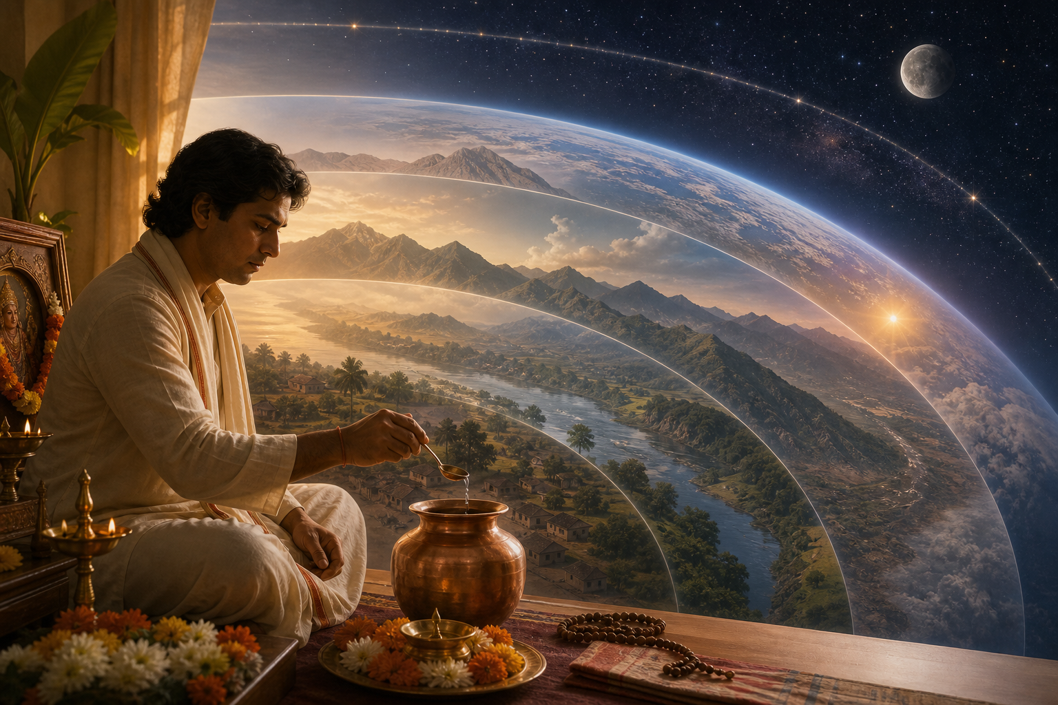 A practitioner makes a morning ritual resolve with water before a home altar as the surrounding scene expands from a river landscape to Earth, the moon, and stars.