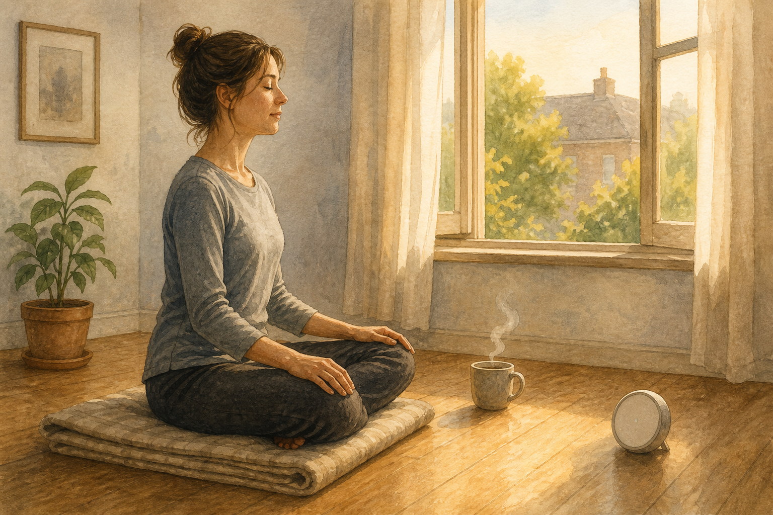 An adult sits upright in meditation on a folded blanket beside a sunlit window, with a small timer and steaming cup nearby.