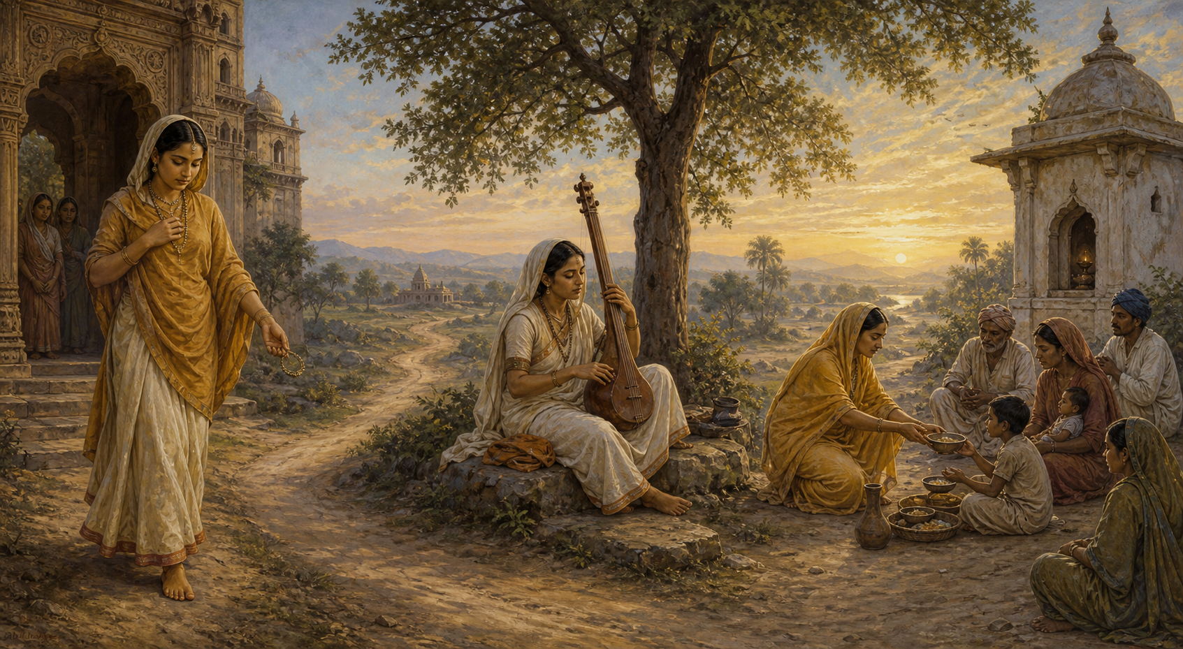 Three historical women are shown leaving a palace, singing with a string instrument, and sharing food and water with a community.