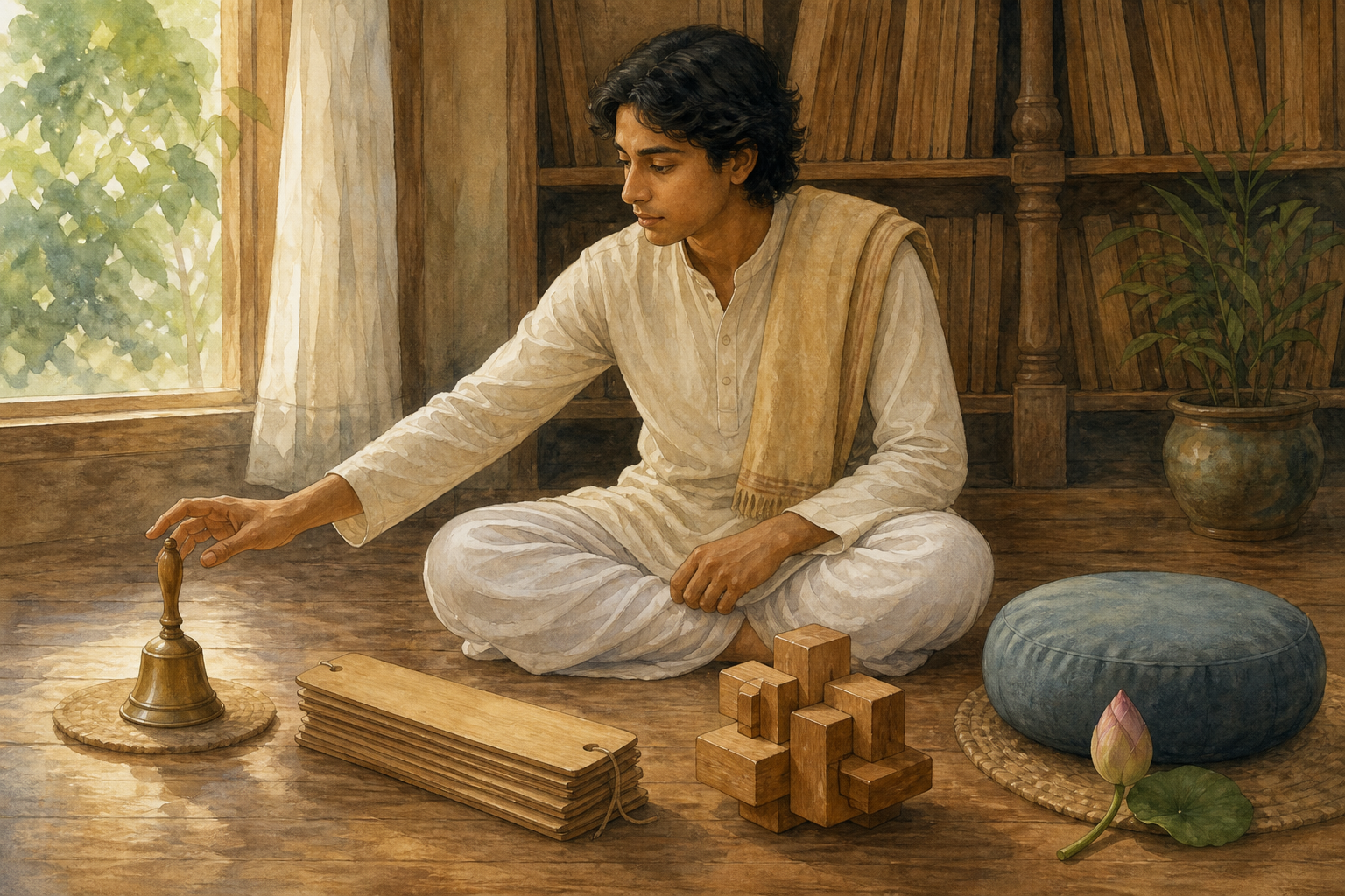 A seated learner chooses among a hand bell, blank palm-leaf folios, interlocking wooden pieces, and a meditation cushion in a library alcove.