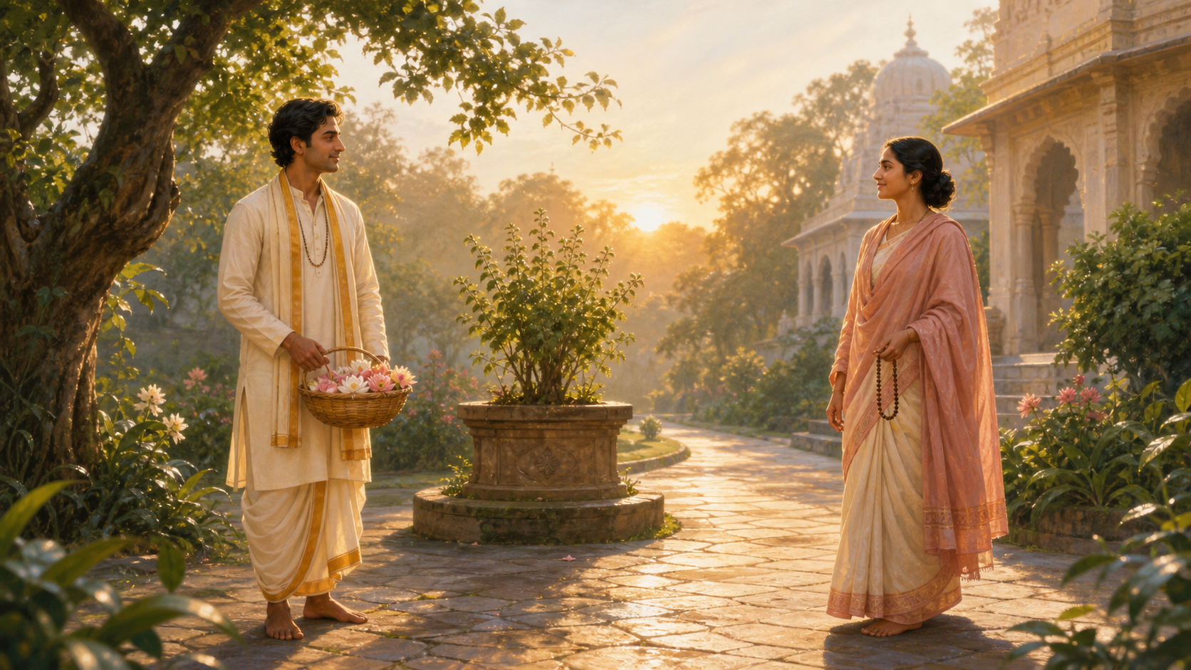 Two devotees greet each other with calm expressions on a sunlit temple garden path, one carrying flowers and the other holding prayer beads.