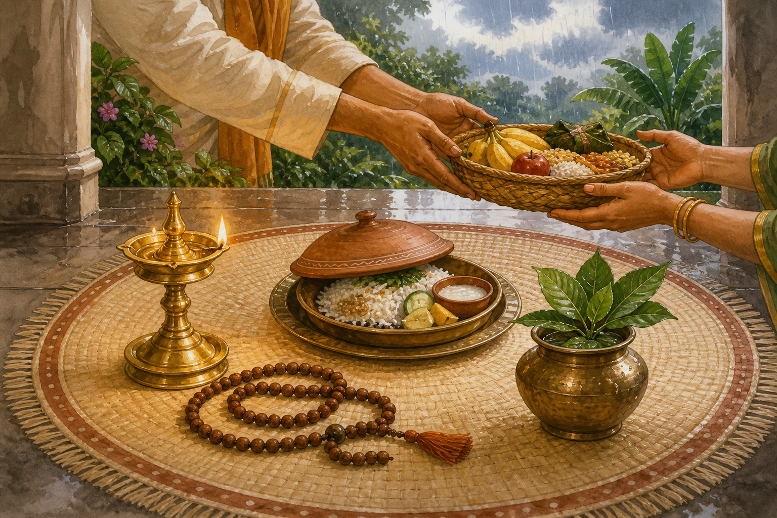 Prayer beads, an oil lamp, simple food, a water pot, and hands giving a food basket are arranged on a veranda during the monsoon season.