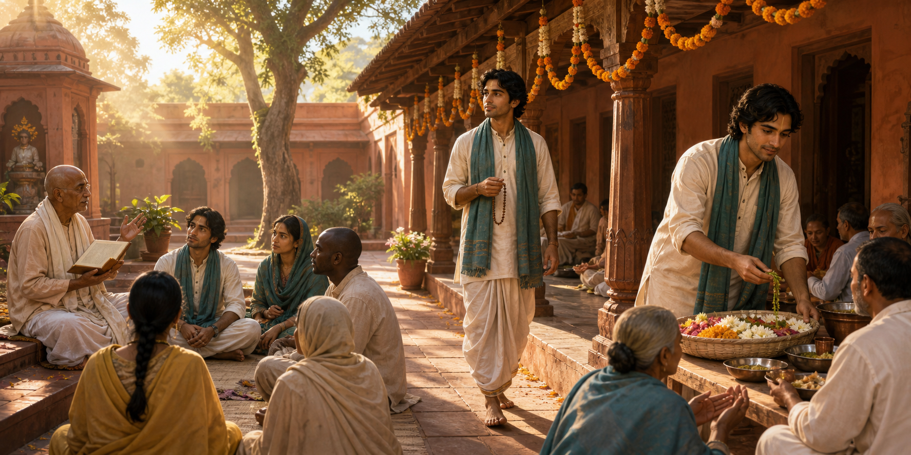 The same practitioner listens to a devotional teaching, chants with beads, and later arranges flowers and serves a meal in a temple courtyard.