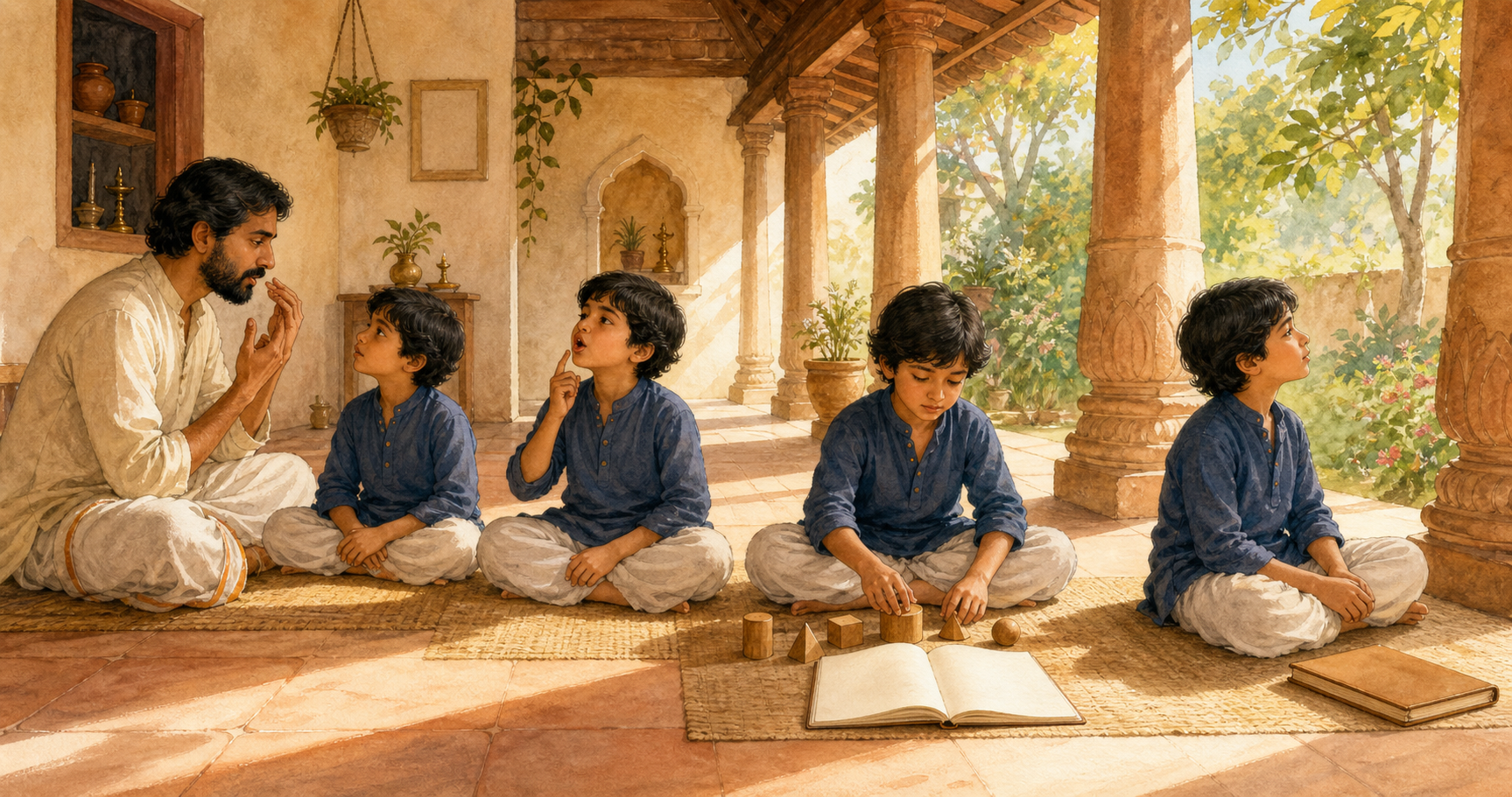 A learner listens, repeats a sound, arranges study pieces, and then reflects quietly across a continuous veranda scene.