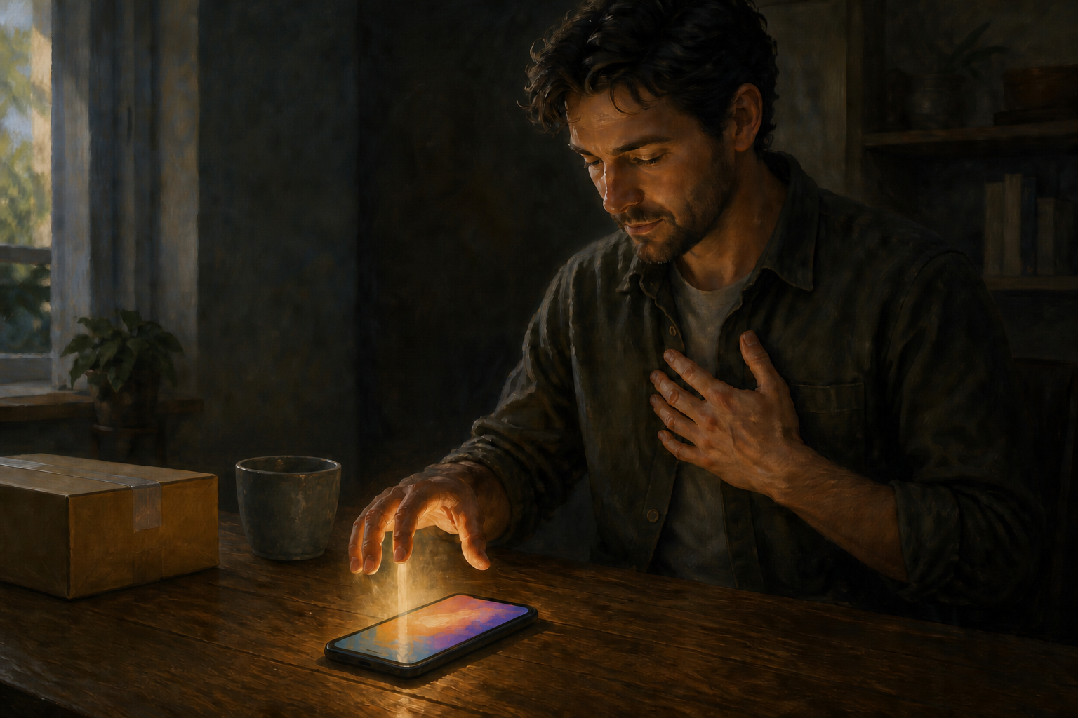 A person pauses with one hand just above a glowing smartphone and the other resting over the heart.