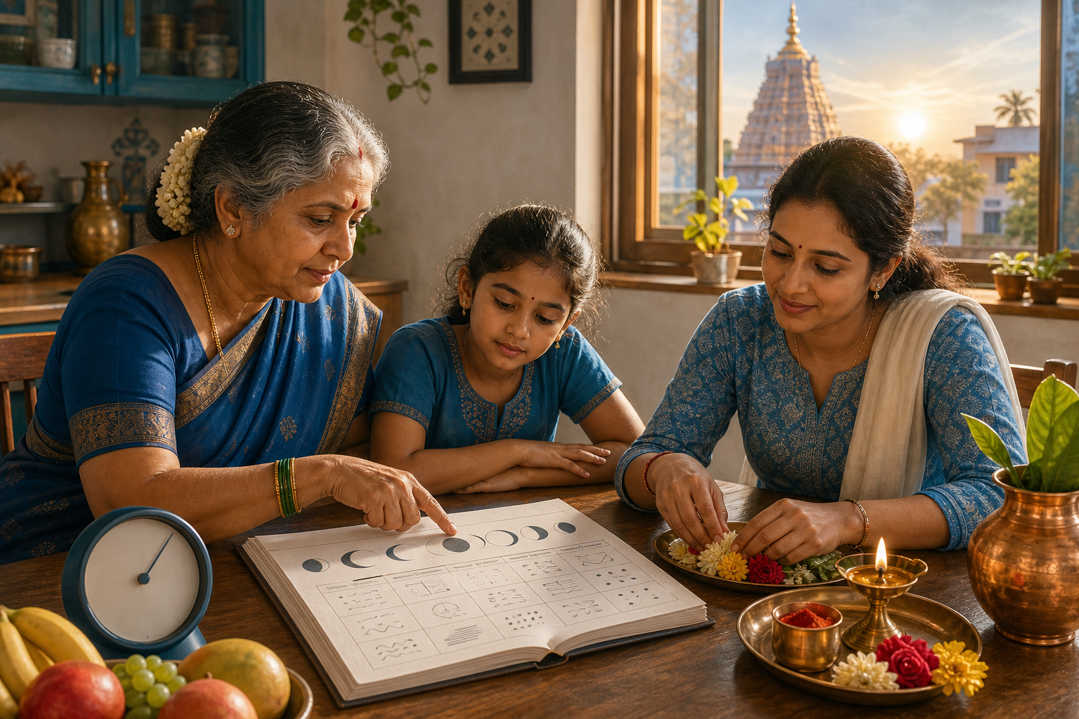 Three generations consult one local calendar at a table with a clock, fruit, flowers, a copper vessel, and a lamp prepared for an observance.