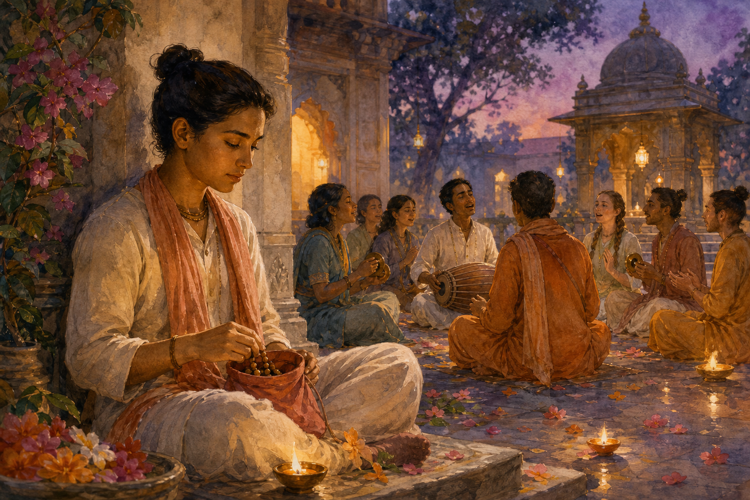 A seated practitioner listens while chanting on beads as a small kirtan group sings with cymbals and a clay drum in the courtyard behind.