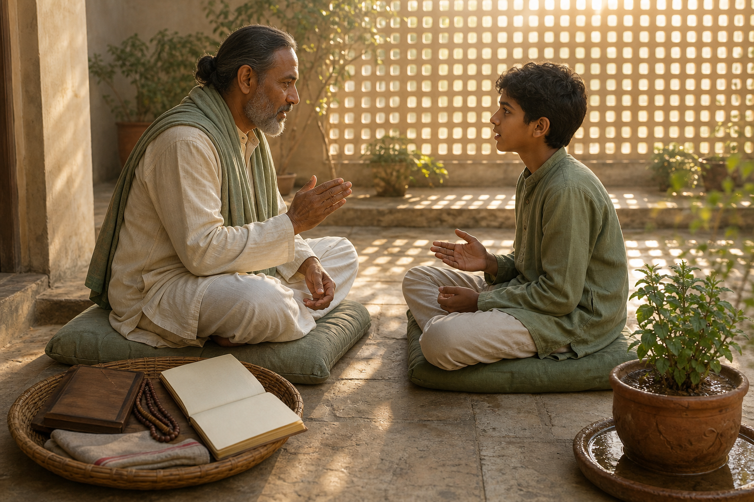 A teacher and learner practice recitation together at sunrise beside a basket of study materials and a potted tulsi plant.