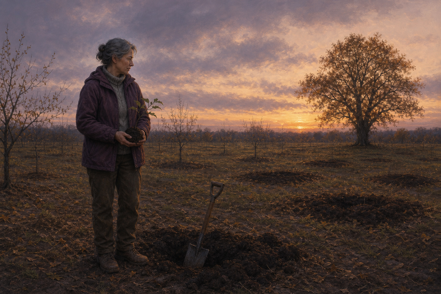 A reflective adult holds a seedling beside open soil in a sparse autumn orchard at dusk.