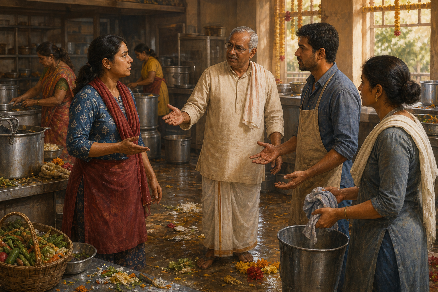 Temple kitchen volunteers work through a tense disagreement as a coordinator listens calmly and another person offers cleaning supplies.