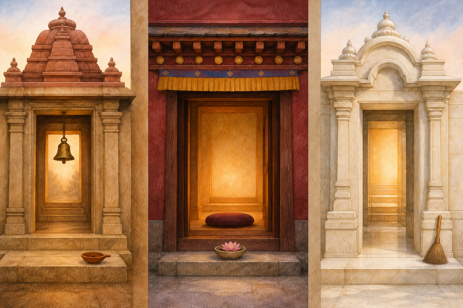 Three separate thresholds show a Hindu temple bell and lamp, a Buddhist meditation cushion and lotus, and a pale stone Jain entrance with a small broom.
