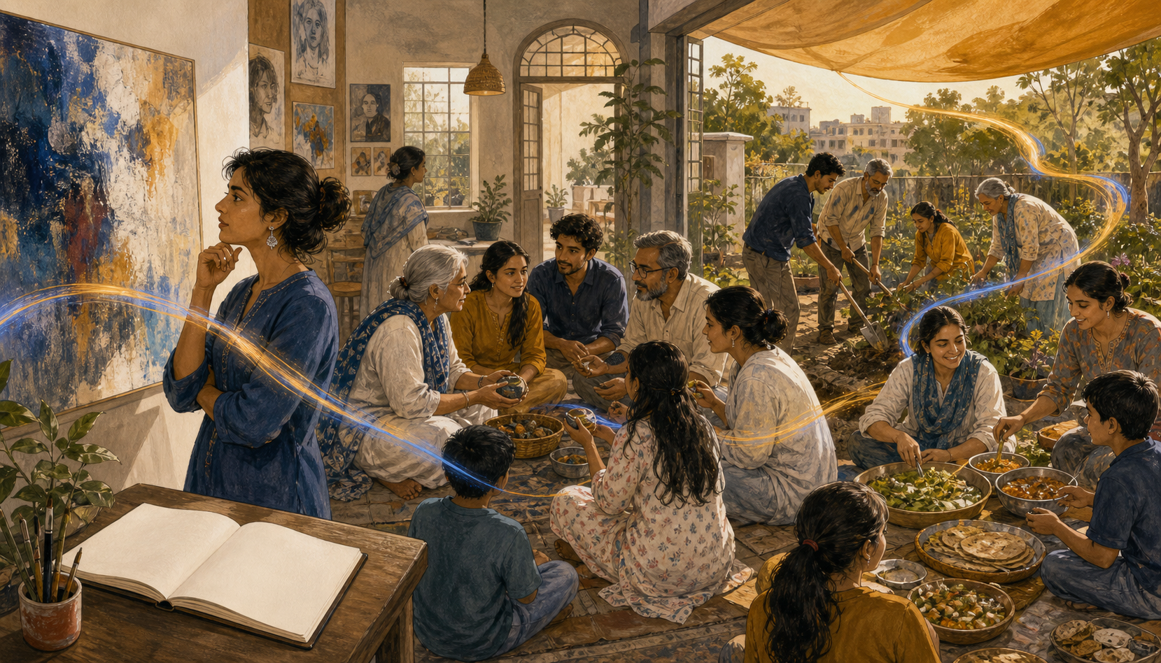 A connected scene shows a visitor contemplating art, joining a discussion circle, and working with the group in a community garden.