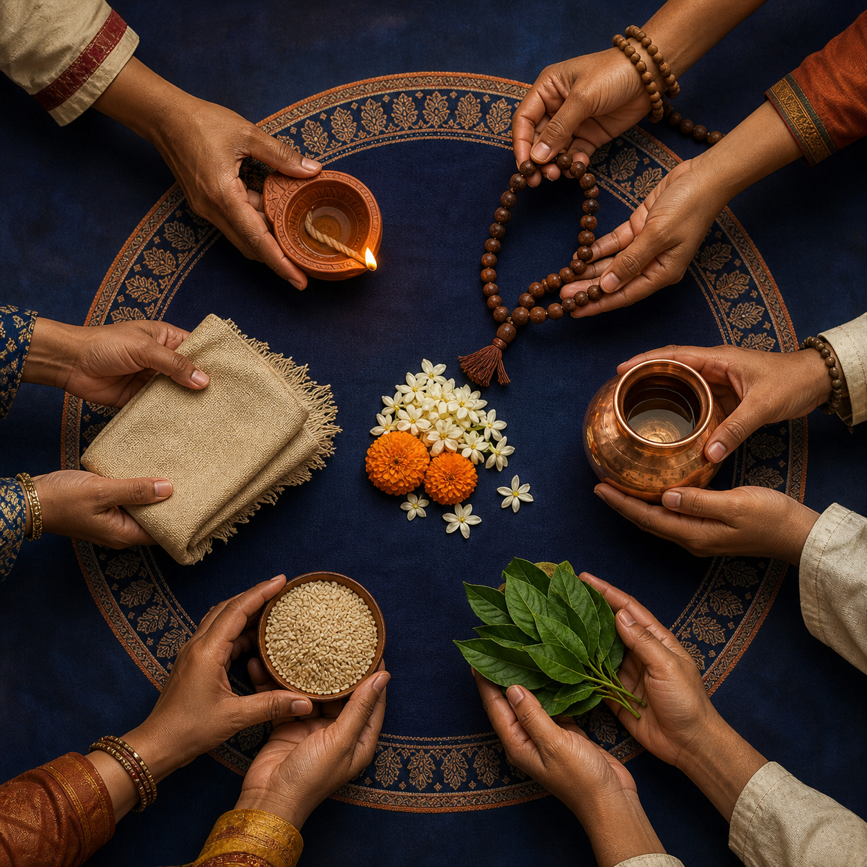 Several hands arrange a clay lamp, beads, a water vessel, grains, leaves, flowers, and folded cloth in a balanced circle.