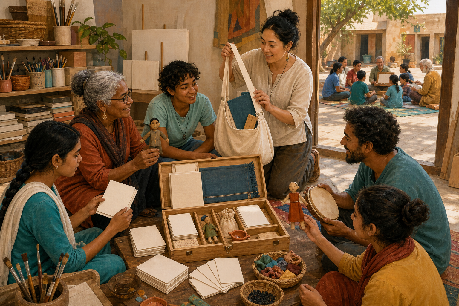 An intergenerational group builds a portable storytelling kit with illustrated cards, puppets, fabric, seeds, and musical instruments in a workshop.