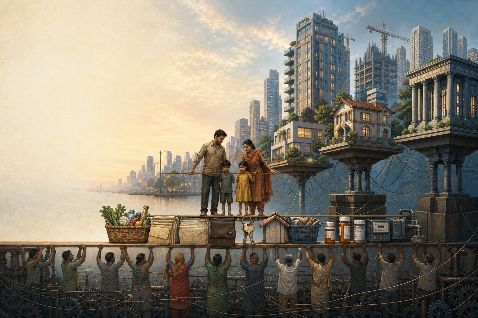 Editorial illustration of a prosperous city above a cutaway showing working households supported by a narrow, strained foundation of everyday expenses and wages.