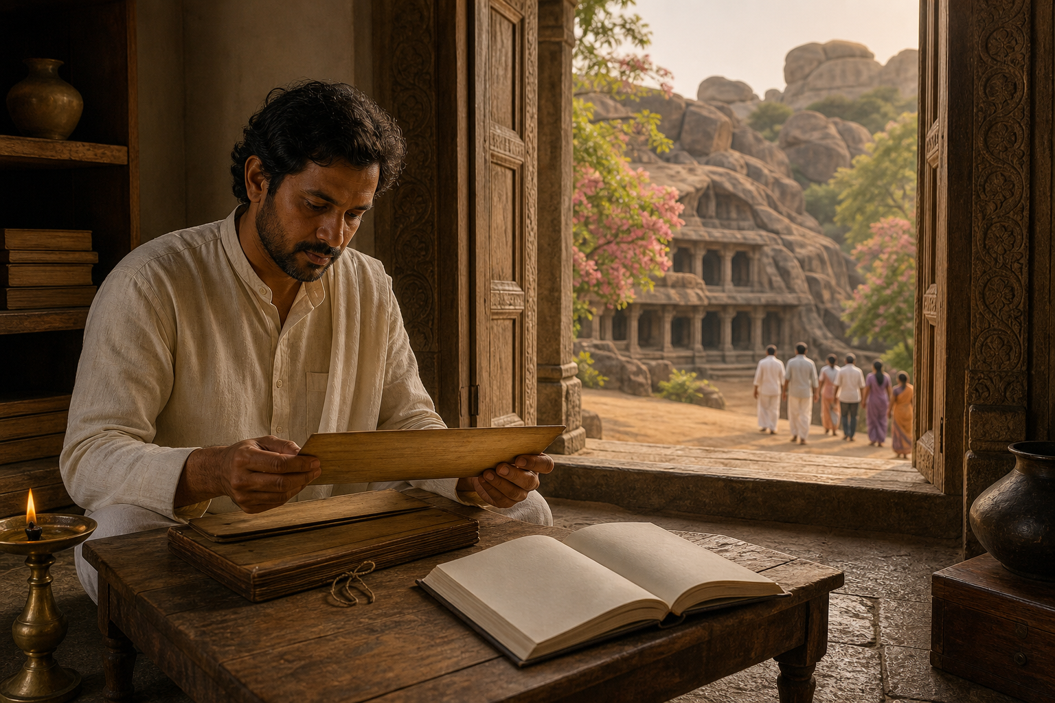 A reader studies a palm-leaf manuscript beside a modern book, with a rock-cut temple and present-day pilgrims visible through an open stone doorway.