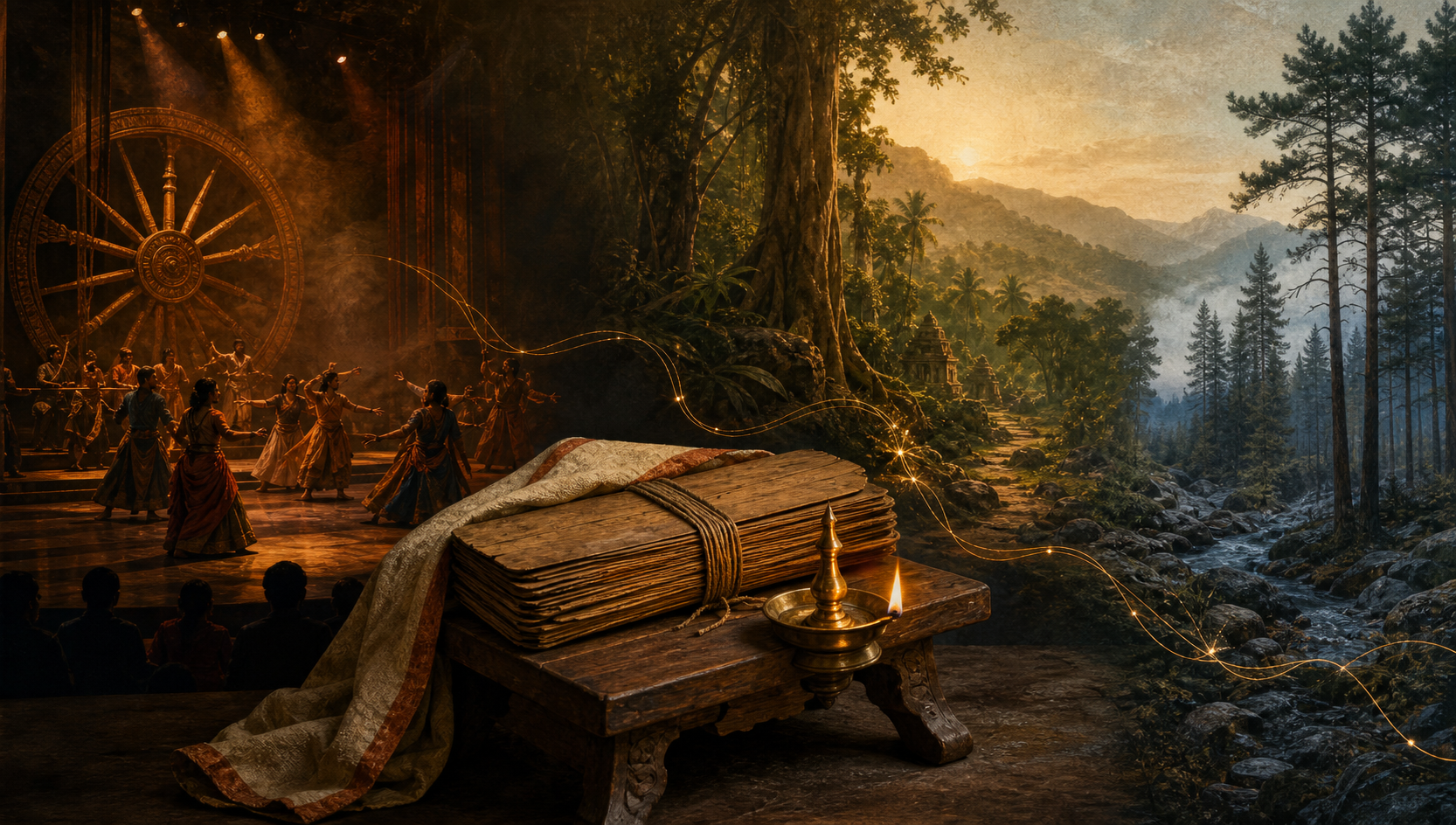 A palm-leaf folio bundle and brass lamp connect visually to a contemporary stage, an Indian forest, and a cool temperate woodland.