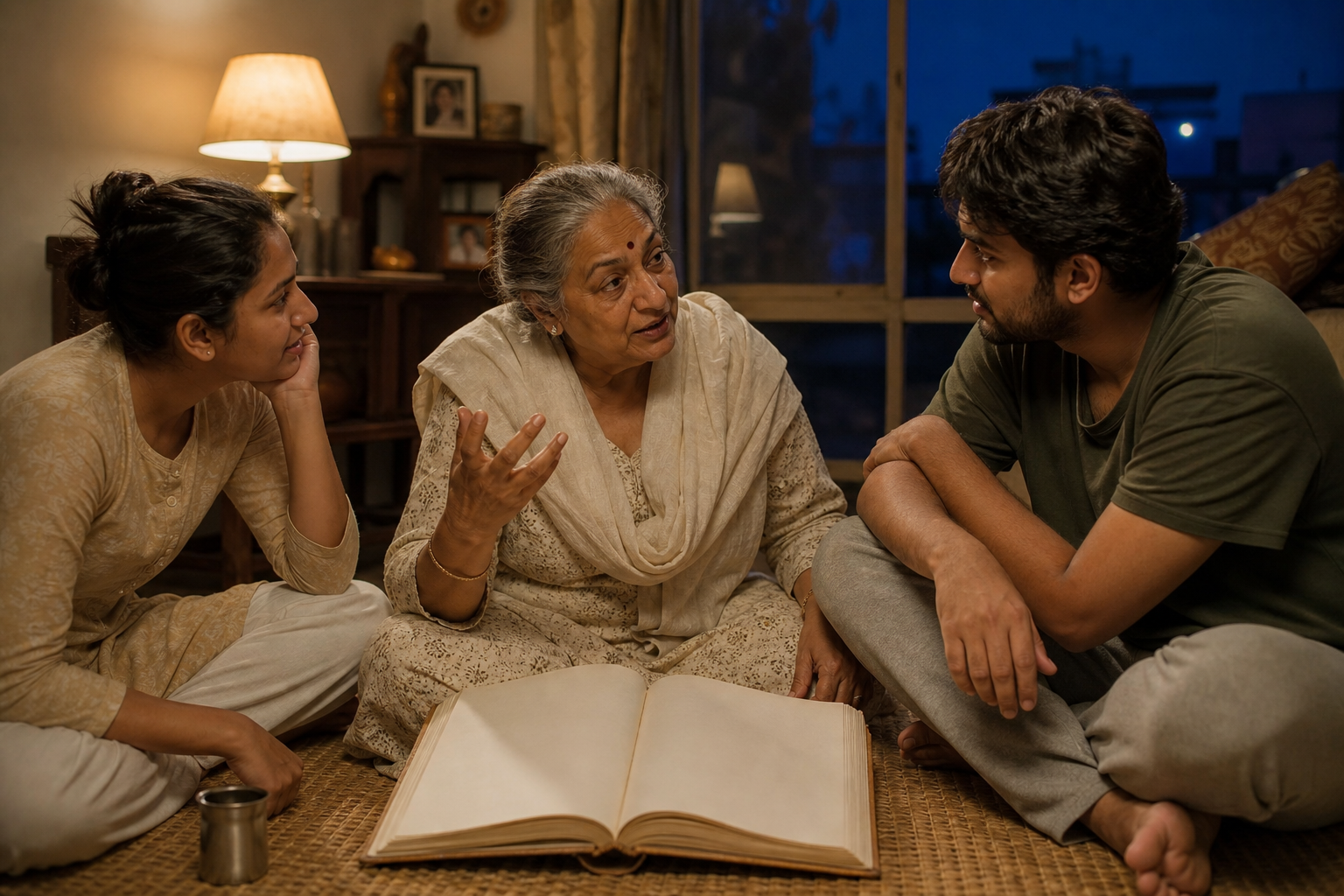 Three generations of an Indian family sit together at dusk as an older woman tells a story beside an open novel.
