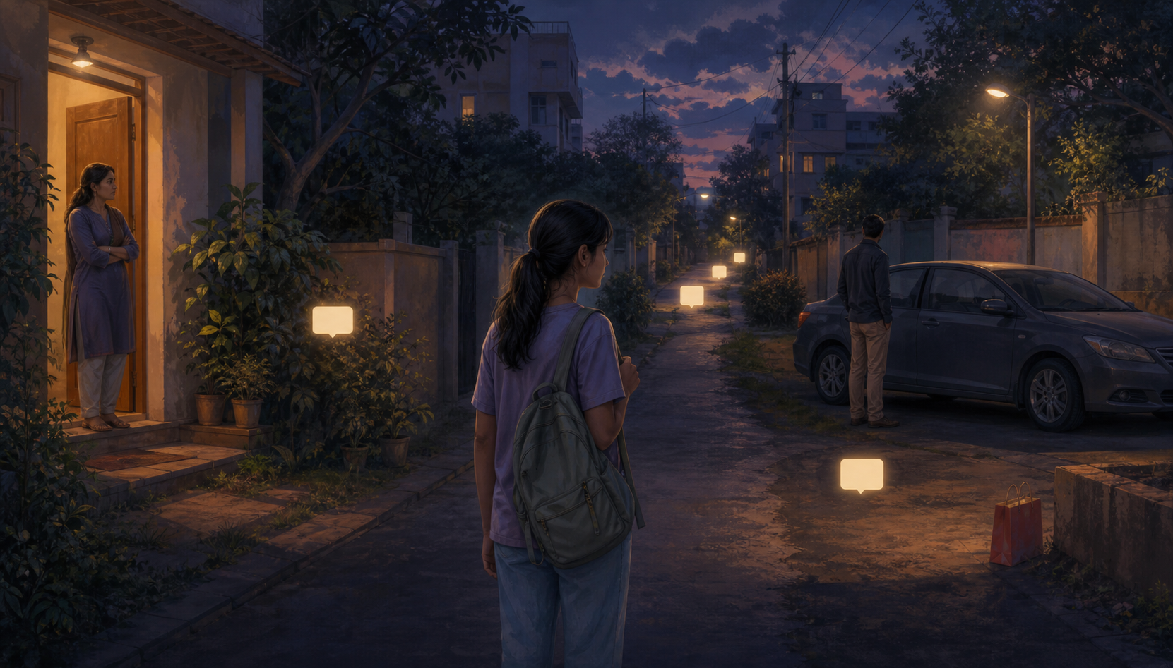 A caregiver observes a young person in a neighborhood scene containing subtle warning signs such as gifts, rides, repeated phone alerts, and increasing isolation.