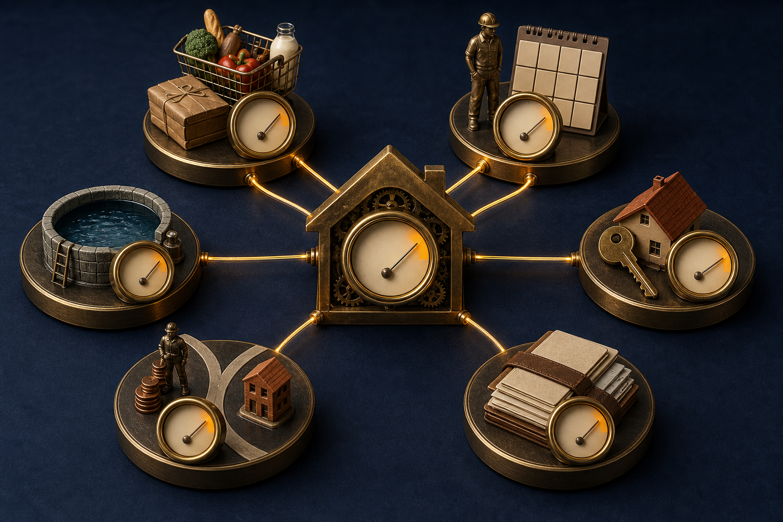 Conceptual tabletop dashboard with six unlabeled indicators representing wages, job stability, housing costs, debt, asset inequality, and household financial buffers.