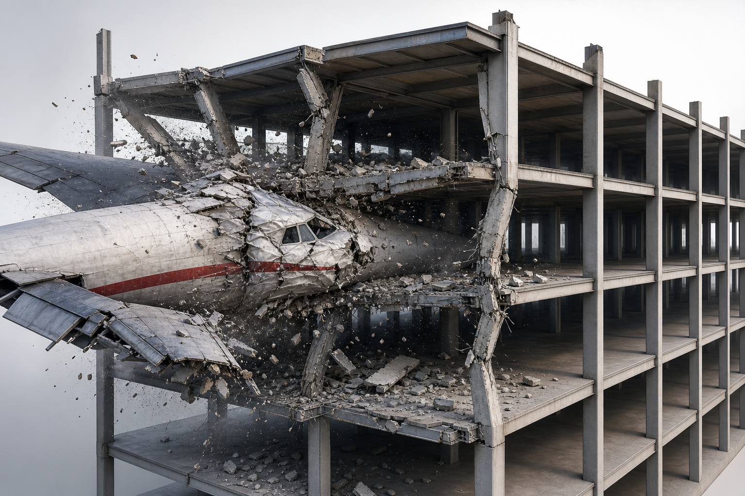 Oblique cutaway of a fictional aircraft striking a building frame, with the aircraft deforming and debris damaging columns and floors.