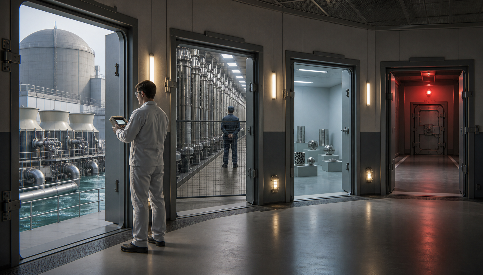 A safeguards inspector stands in a laboratory corridor leading past reactor equipment, centrifuges, an engineering room, and a locked final doorway.