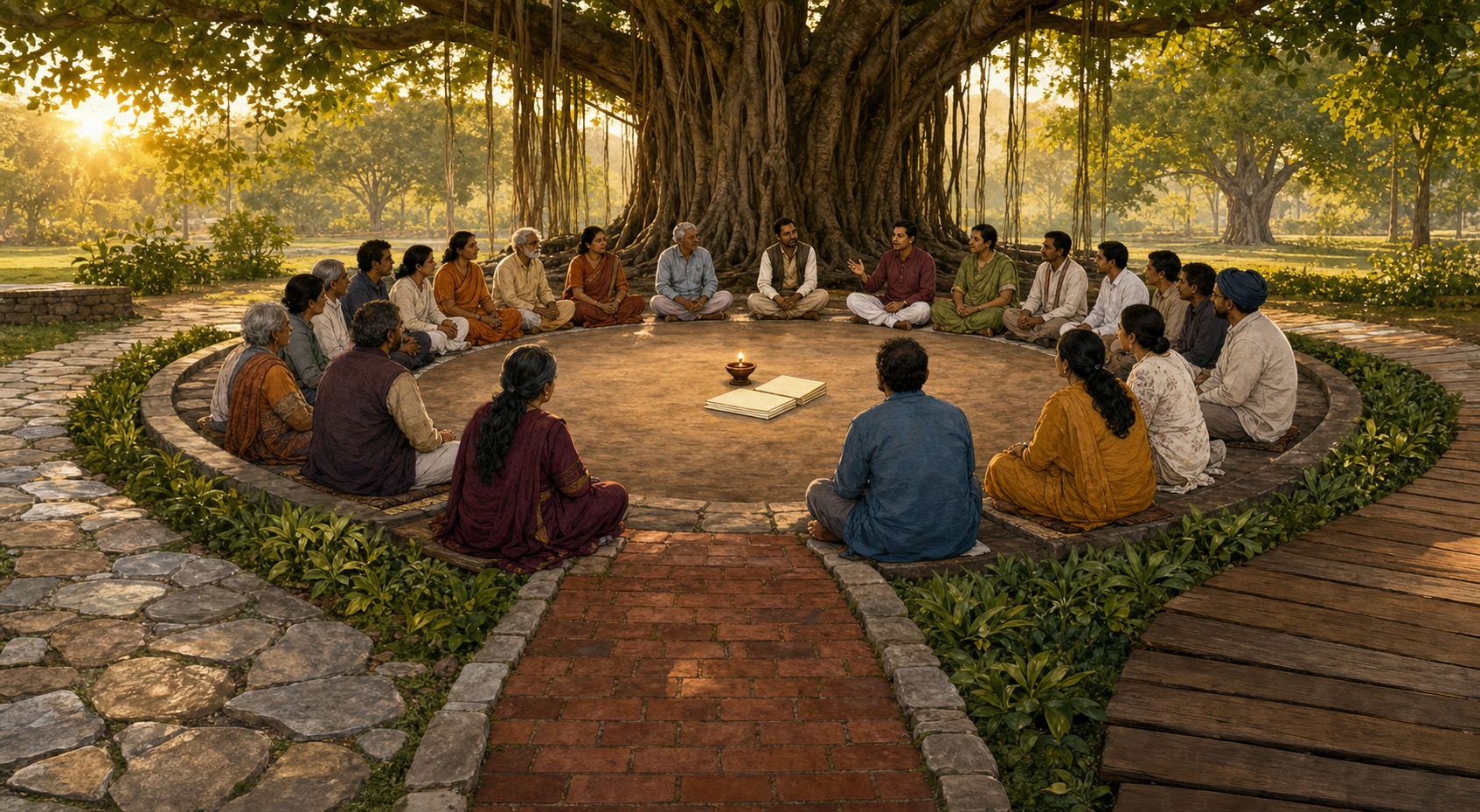 A diverse group of adults meets in a circle beneath a banyan tree as distinct stone, brick, and wooden paths converge on the council pavilion.