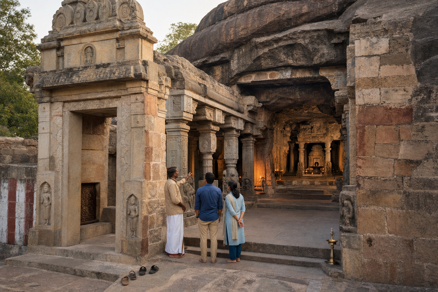 A cutaway view of a South Indian rock-cut sacred complex shows a later gateway, pillared hall, and early cave sanctum within the stone.