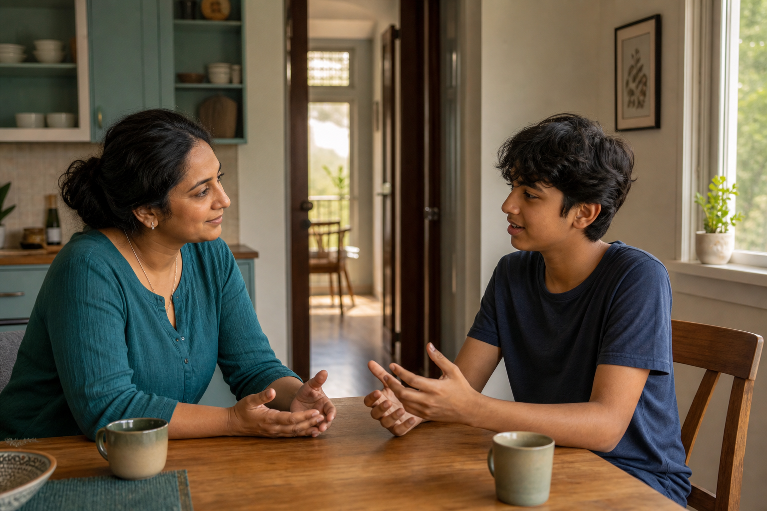 A caregiver listens calmly to a teenager during a private conversation at a kitchen table in a softly lit home.
