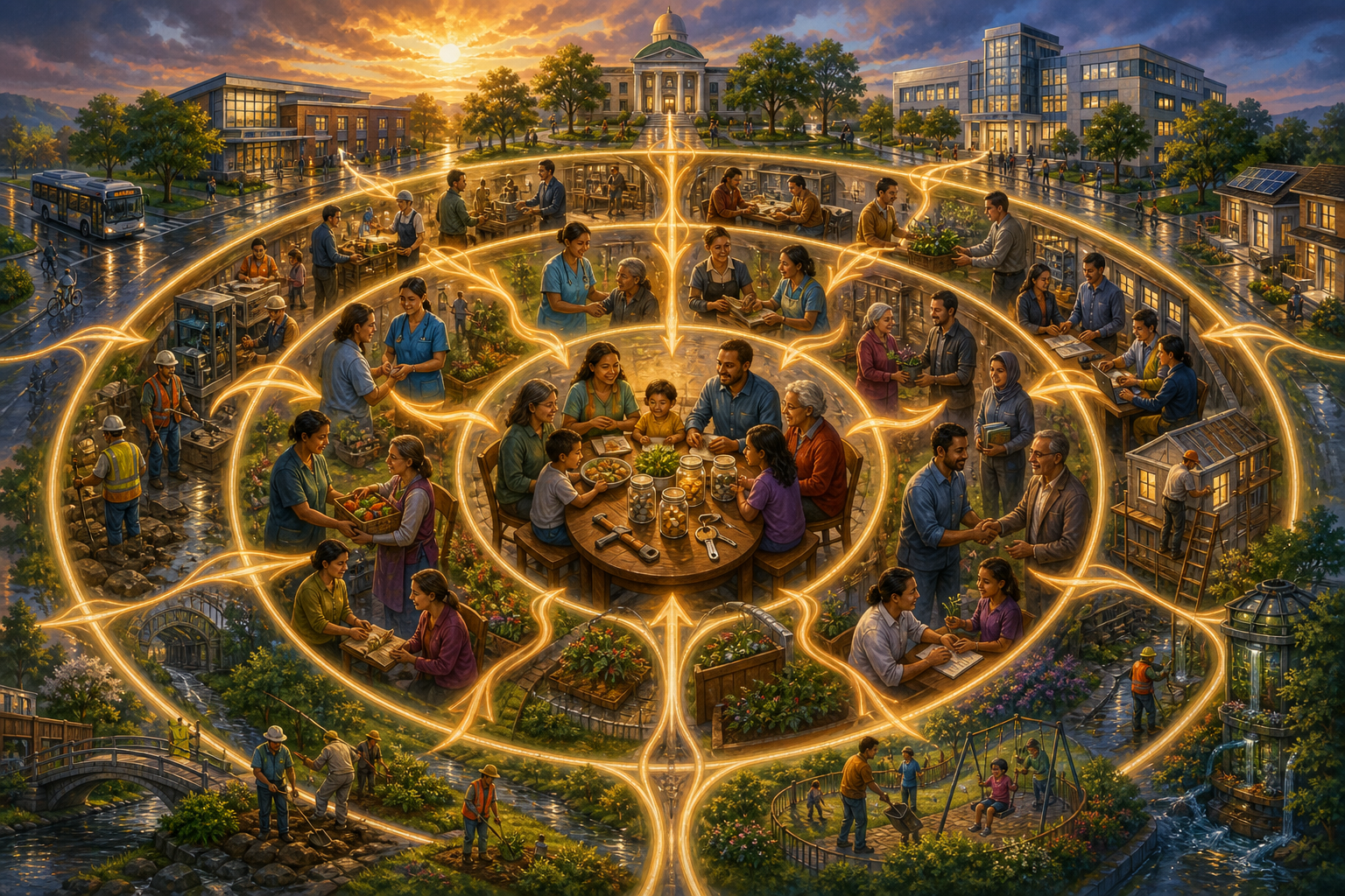 Concentric illustration of a secure household connected with neighbors, workplaces, financial institutions, and public services through braided bands of light.