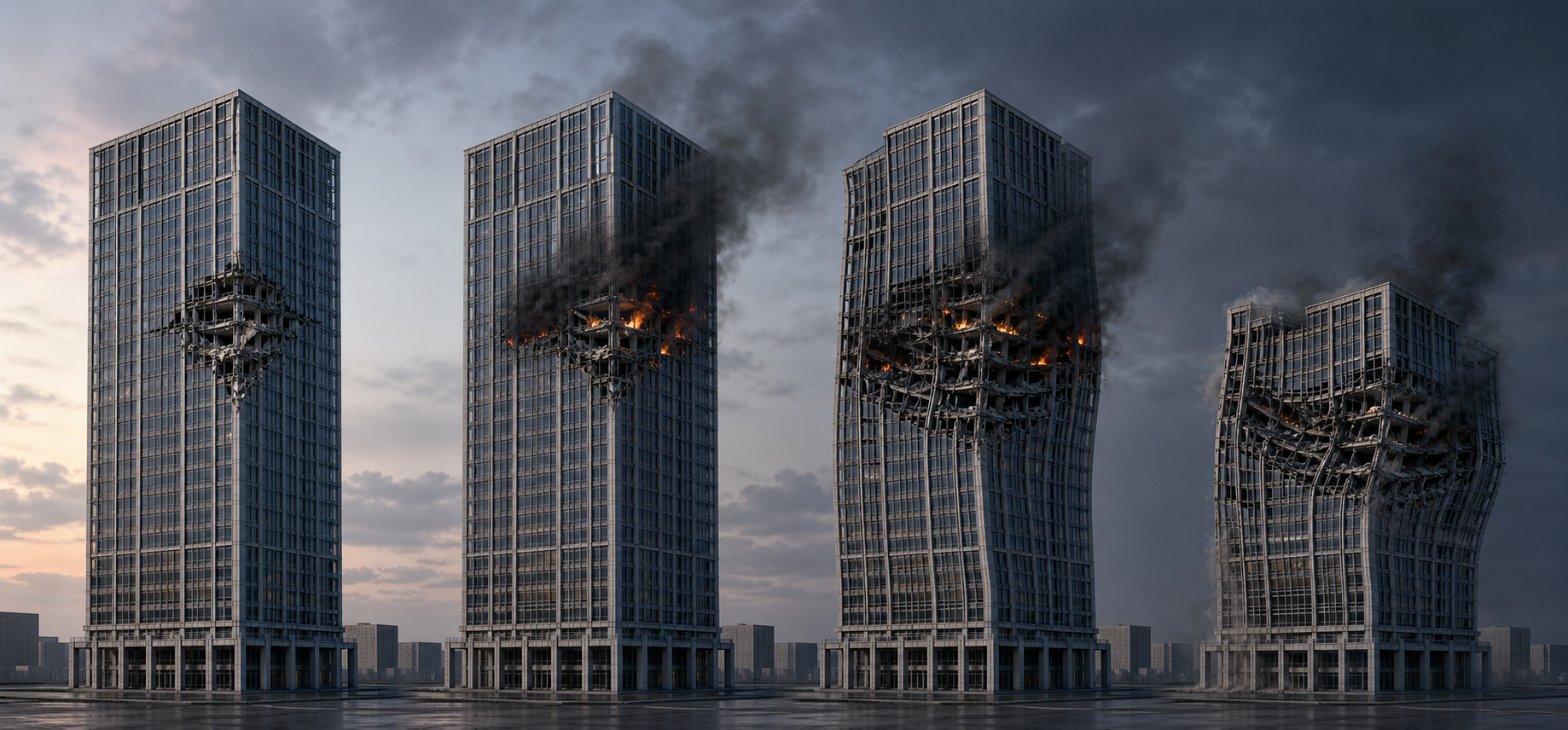 Four-stage illustration of a fictional high-rise progressing from localized impact damage and fire to sagging floors and the beginning of structural collapse.