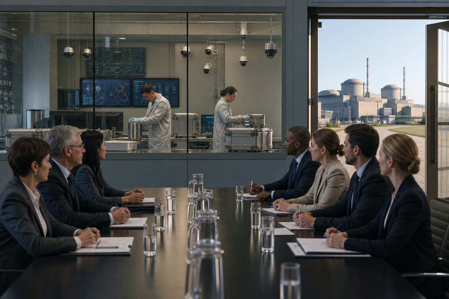 Delegations meet at a table while independent technicians inspect sealed samples and monitoring equipment behind a glass wall.