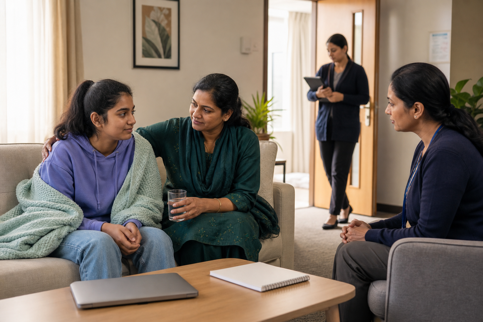 A young person sits with a trusted caregiver in a support room while trained professionals calmly arrange protection and assistance.