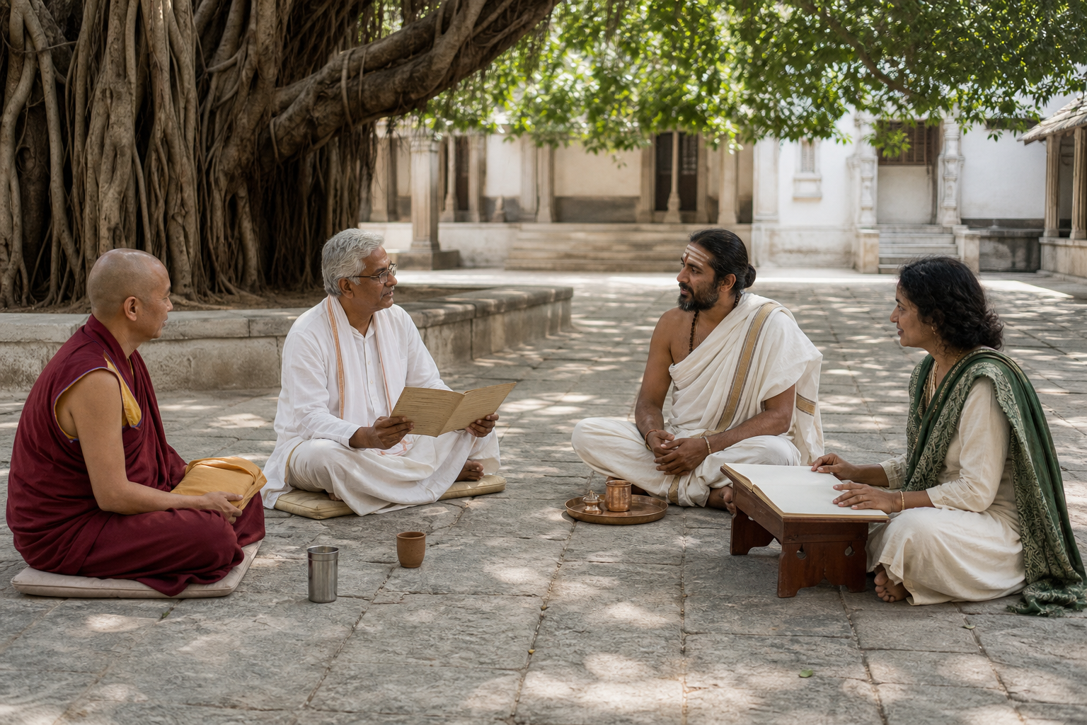 Four practitioners from different dharmic traditions sit in respectful conversation around a shaded courtyard.