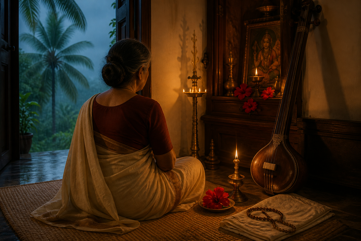 A woman seen from behind sits near a lamp and prayer alcove in a Kerala home, with flowers, prayer beads and a tanpura beside her.