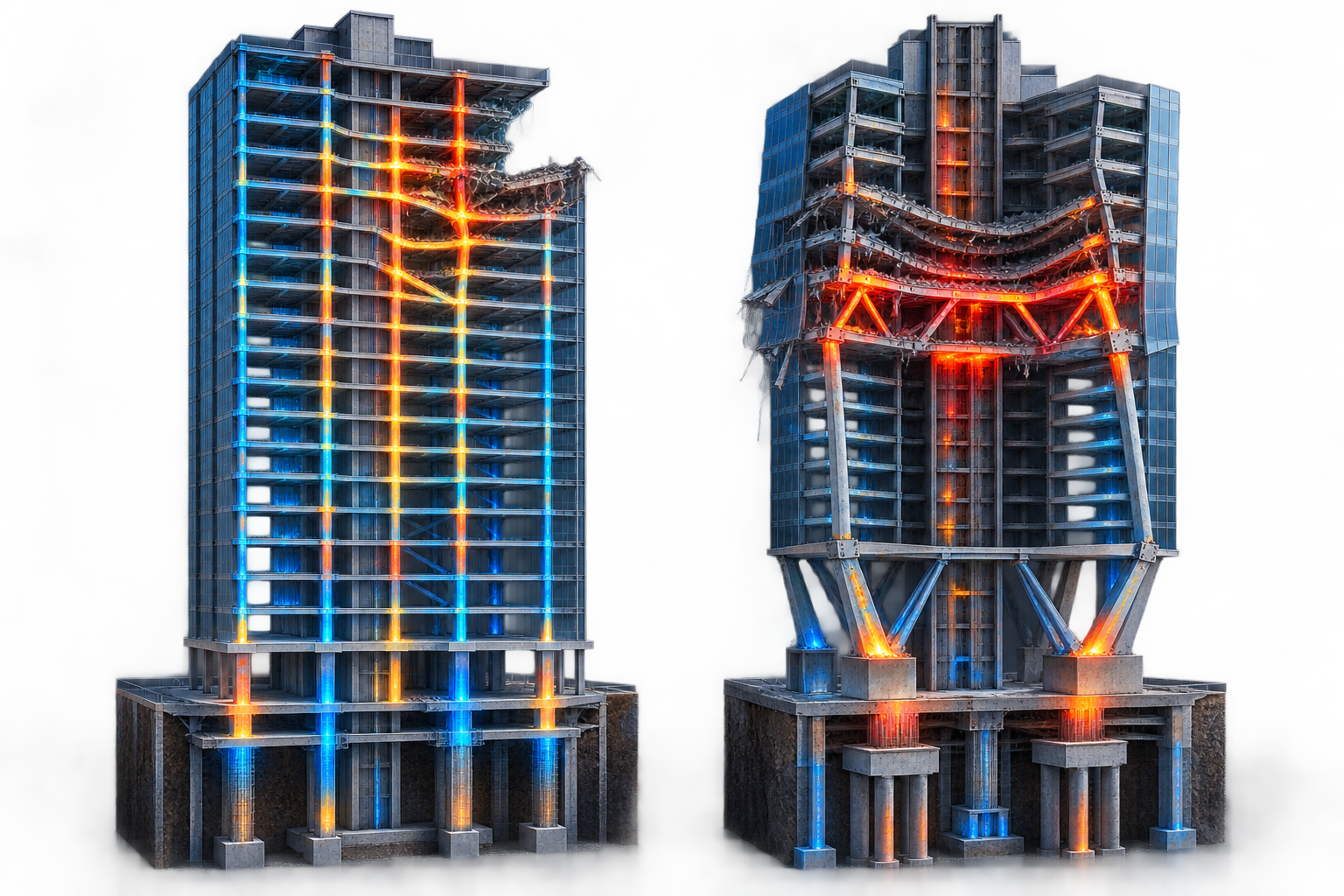 Side-by-side cutaway of two fictional building frames showing how different structural systems redistribute loads around damaged upper floors.